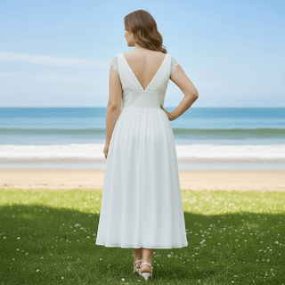 Tea Length Cap Sleeve Chiffon Plus Size Beach Wedding Dress - Rosymae