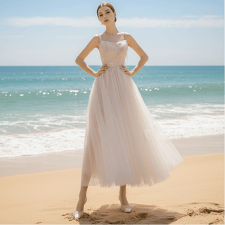 Tea Length Formal Dress Party Gown with Tank Strap and Feathers - Rosymae