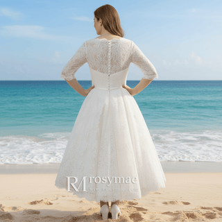 Tea Length Lace Ball Gown Wedding Dress with 3/4 Sleeves - Rosymae