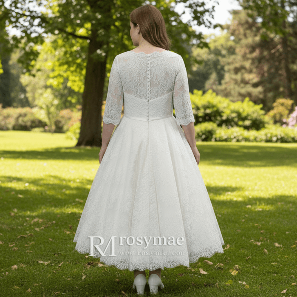 Tea Length Lace Ball Gown Wedding Dress with 3/4 Sleeves - Rosymae