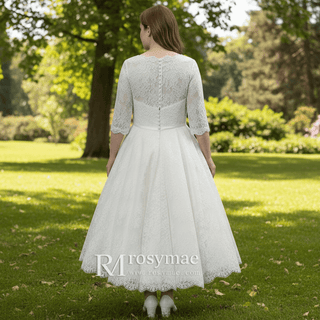 Tea Length Lace Ball Gown Wedding Dress with 3/4 Sleeves - Rosymae