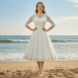 Tea Length Lace Ball Gown Wedding Dress with 3/4 Sleeves - Rosymae