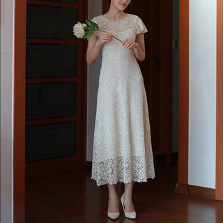 Scoop Short and Tea Length Lace Wedding Dress with Short Sleeve