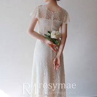 Scoop Short and Tea Length Lace Wedding Dress with Short Sleeve+