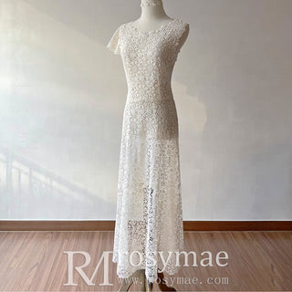 Scoop Short and Tea Length Lace Wedding Dress with Short Sleeve