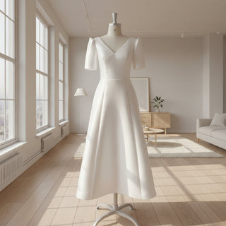 Short Sleeve Satin Vneck Wedding Dress with Ankle Length