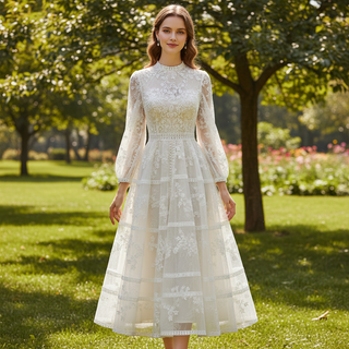 Vintage Lace O-neck Mid Calf Wedding Dress with Long Sleeve