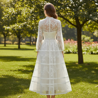 Vintage Lace O-neck Mid Calf Wedding Dress with Long Sleeve