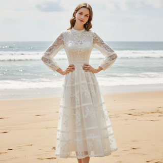 Vintage Lace O-neck Mid Calf Wedding Dress with Long Sleeve