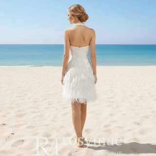 Tea Length Satin Mini Wedding Dress with Pearls & Feathers - Rosymae