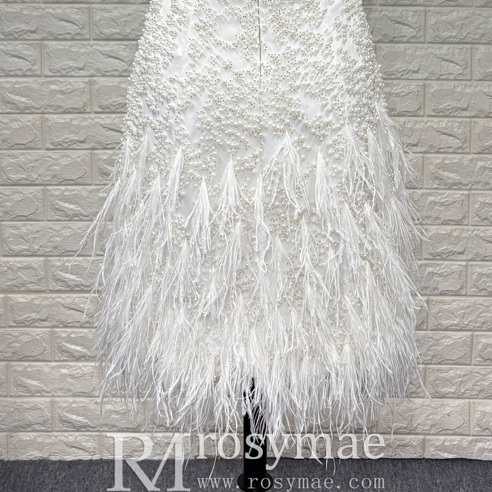 Tea Length Satin Mini Wedding Dress with Pearls & Feathers - Rosymae