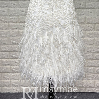 Tea Length Satin Mini Wedding Dress with Pearls & Feathers - Rosymae