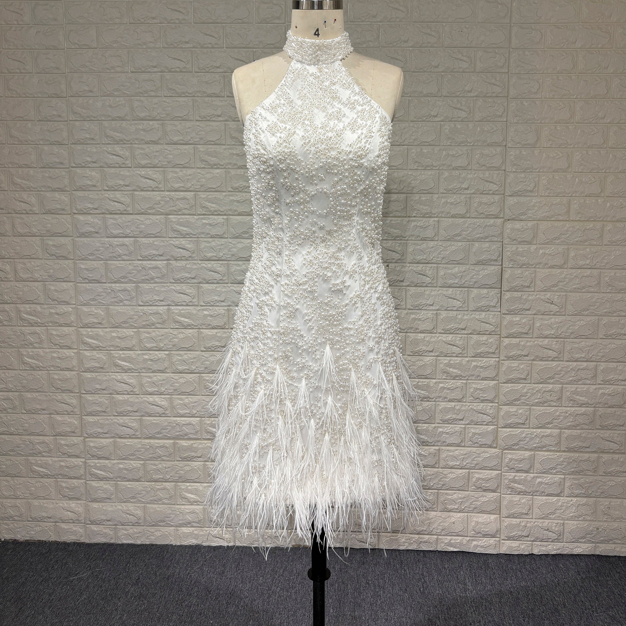 Tea Length Satin Mini Wedding Dress with Pearls & Feathers - Rosymae
