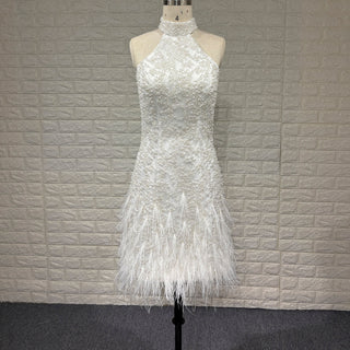 Tea Length Satin Mini Wedding Dress with Pearls & Feathers - Rosymae