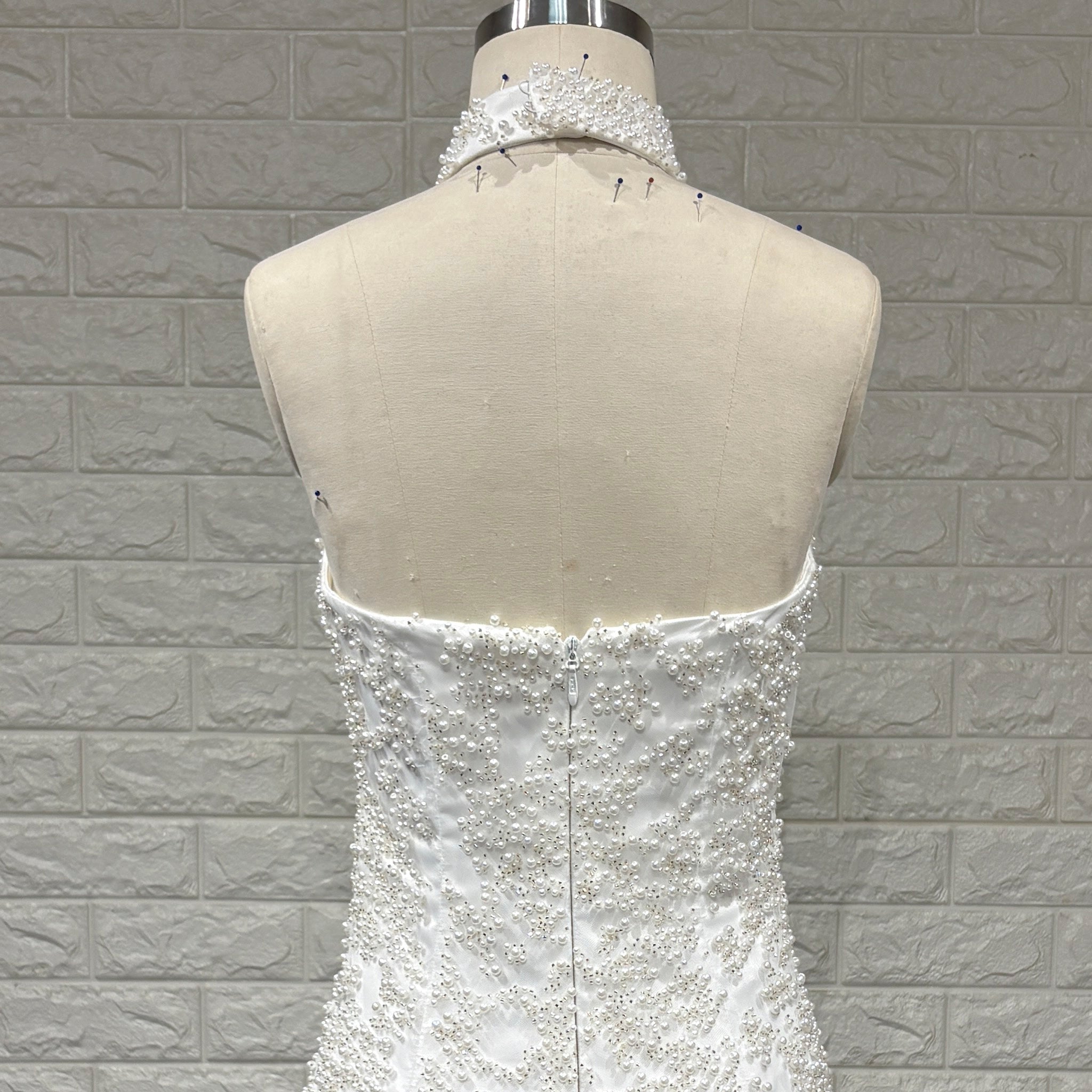 Tea Length Satin Mini Wedding Dress with Pearls & Feathers - Rosymae