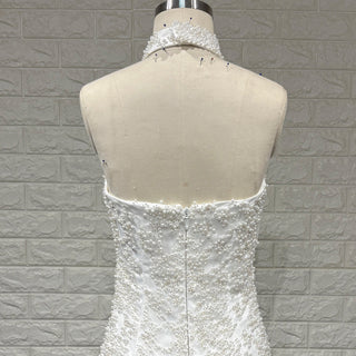Tea Length Satin Mini Wedding Dress with Pearls & Feathers - Rosymae