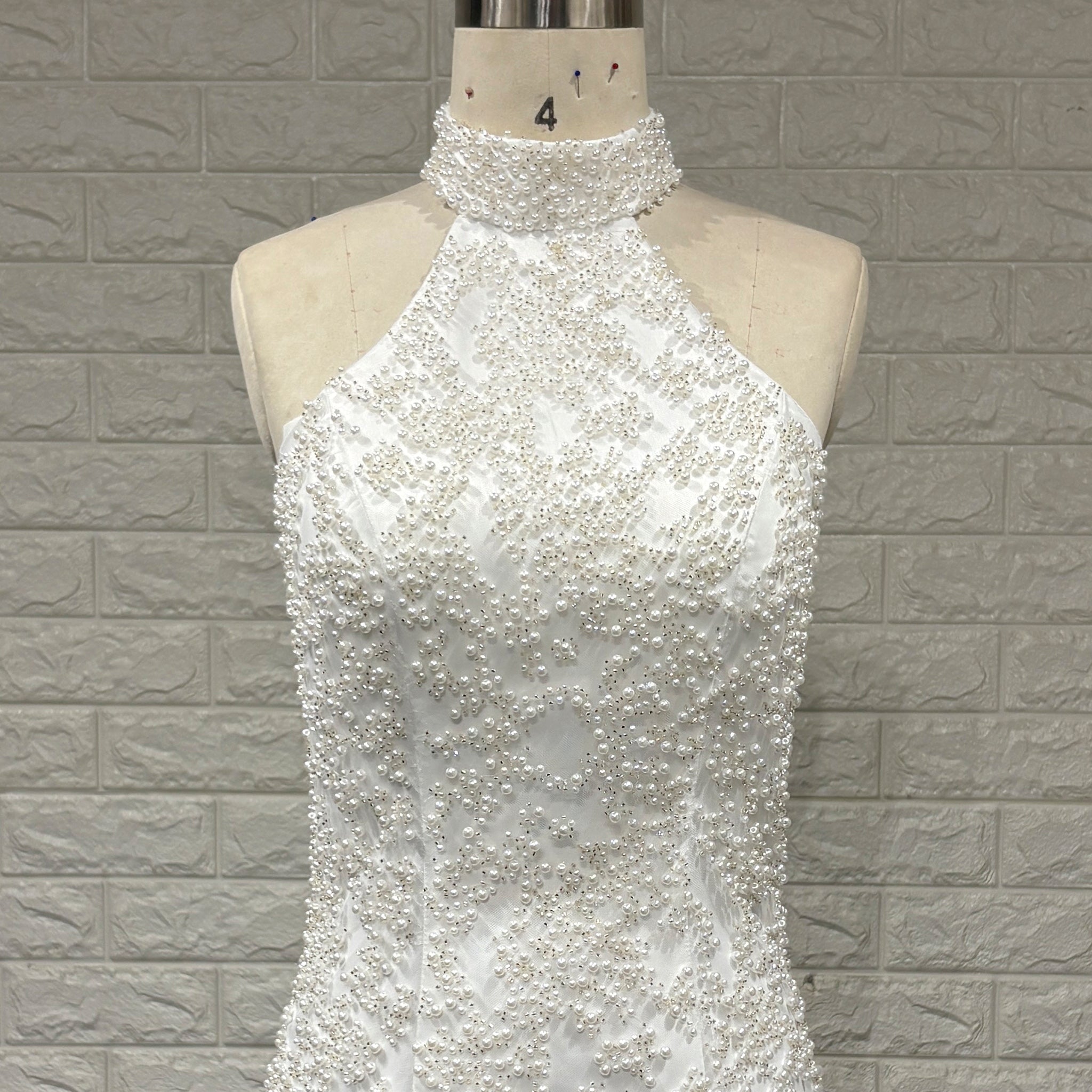 Tea Length Satin Mini Wedding Dress with Pearls & Feathers - Rosymae