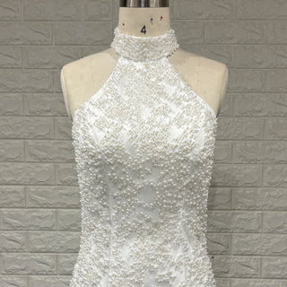 Tea Length Satin Mini Wedding Dress with Pearls & Feathers - Rosymae