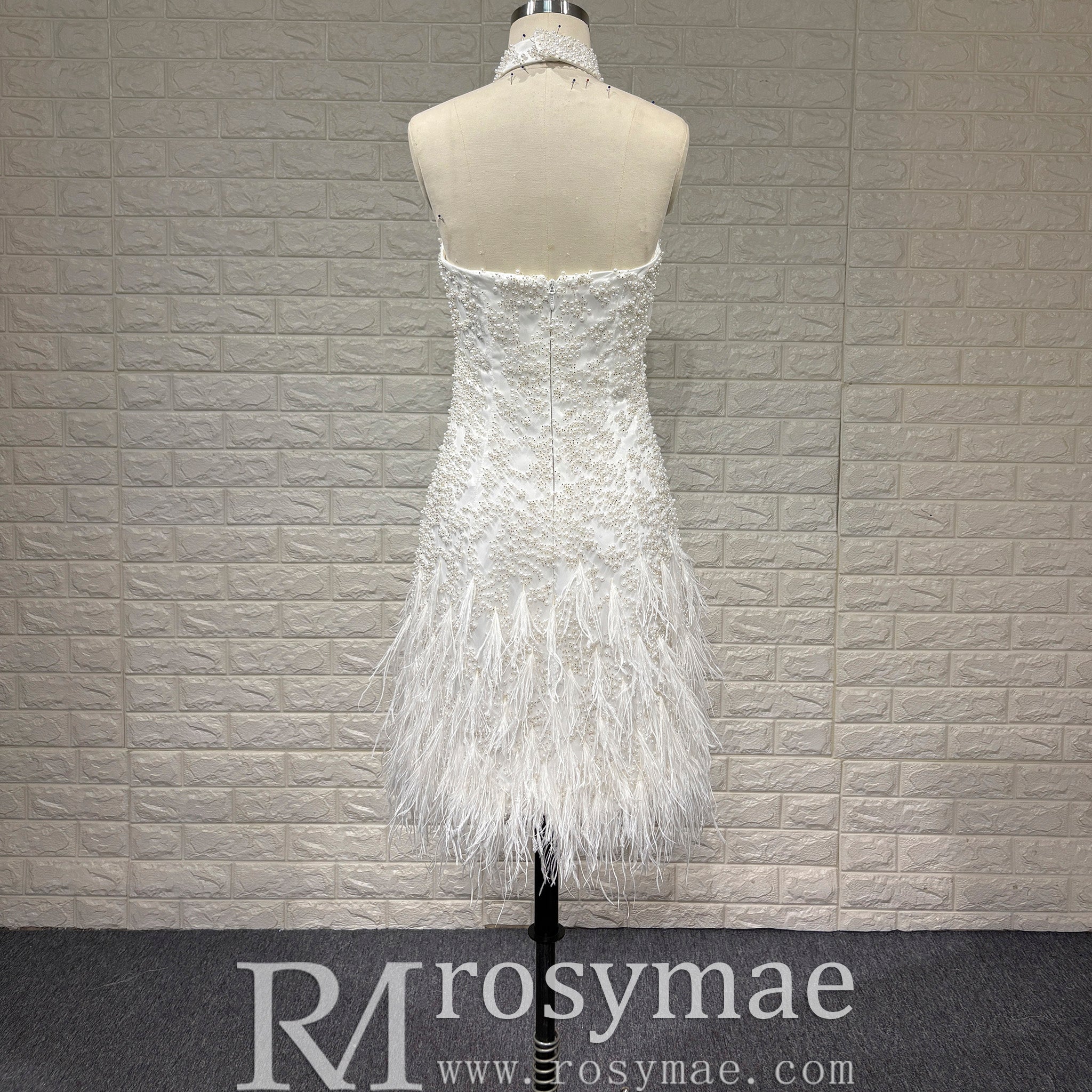 Tea Length Satin Mini Wedding Dress with Pearls & Feathers - Rosymae