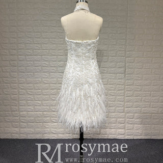 Tea Length Satin Mini Wedding Dress with Pearls & Feathers - Rosymae
