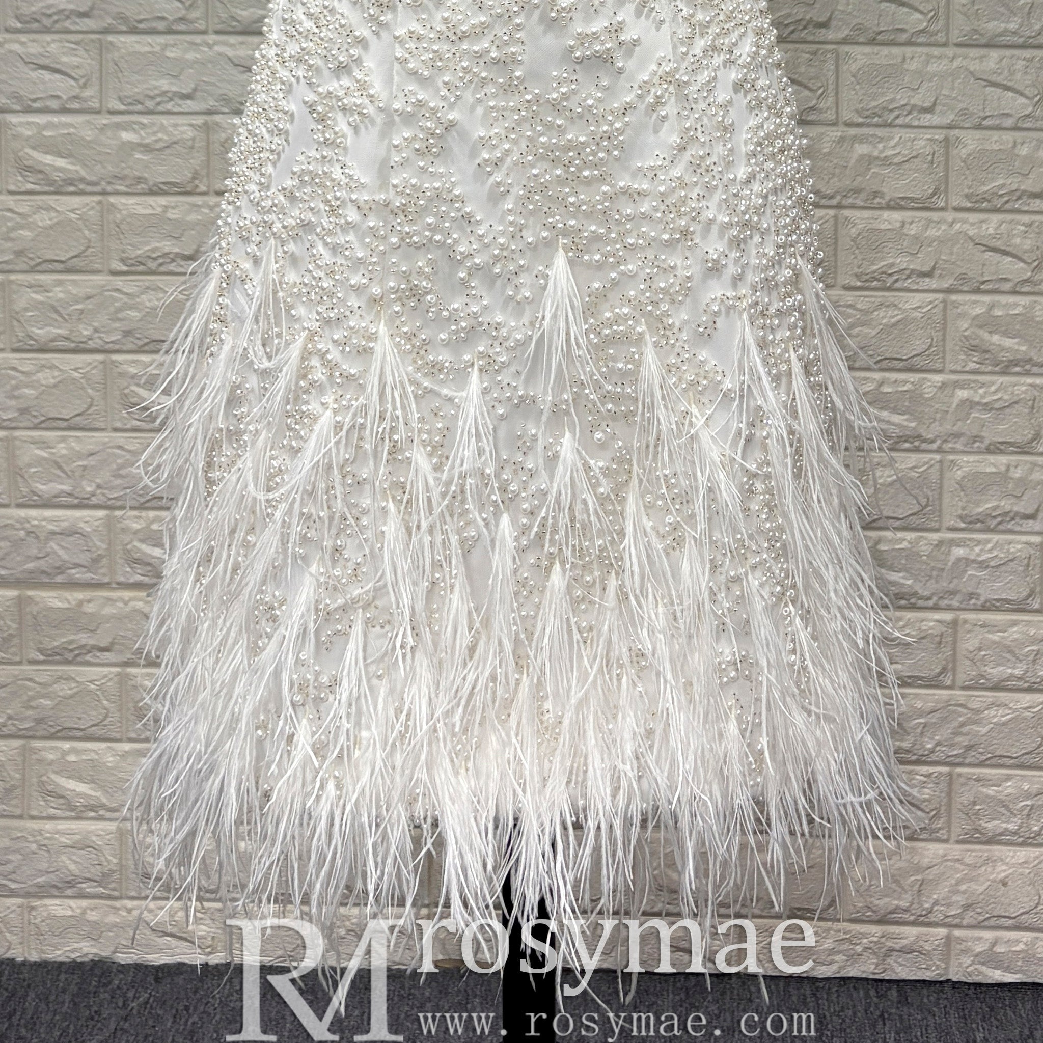 Tea Length Satin Mini Wedding Dress with Pearls & Feathers - Rosymae