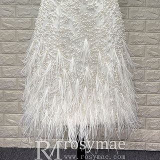 Tea Length Satin Mini Wedding Dress with Pearls & Feathers - Rosymae