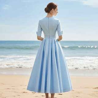 Tea Length Sky Blue Satin Wedding Dress with Half Sleeves - Rosymae