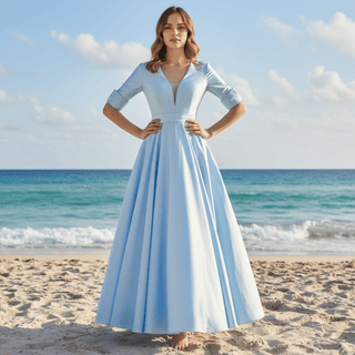 Tea Length Sky Blue Satin Wedding Dress with Half Sleeves - Rosymae