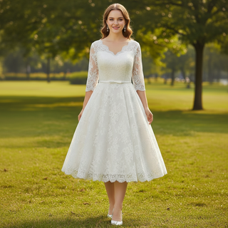 Tea Length Three Quarter Sleeve Ball Gown Lace Wedding Dress