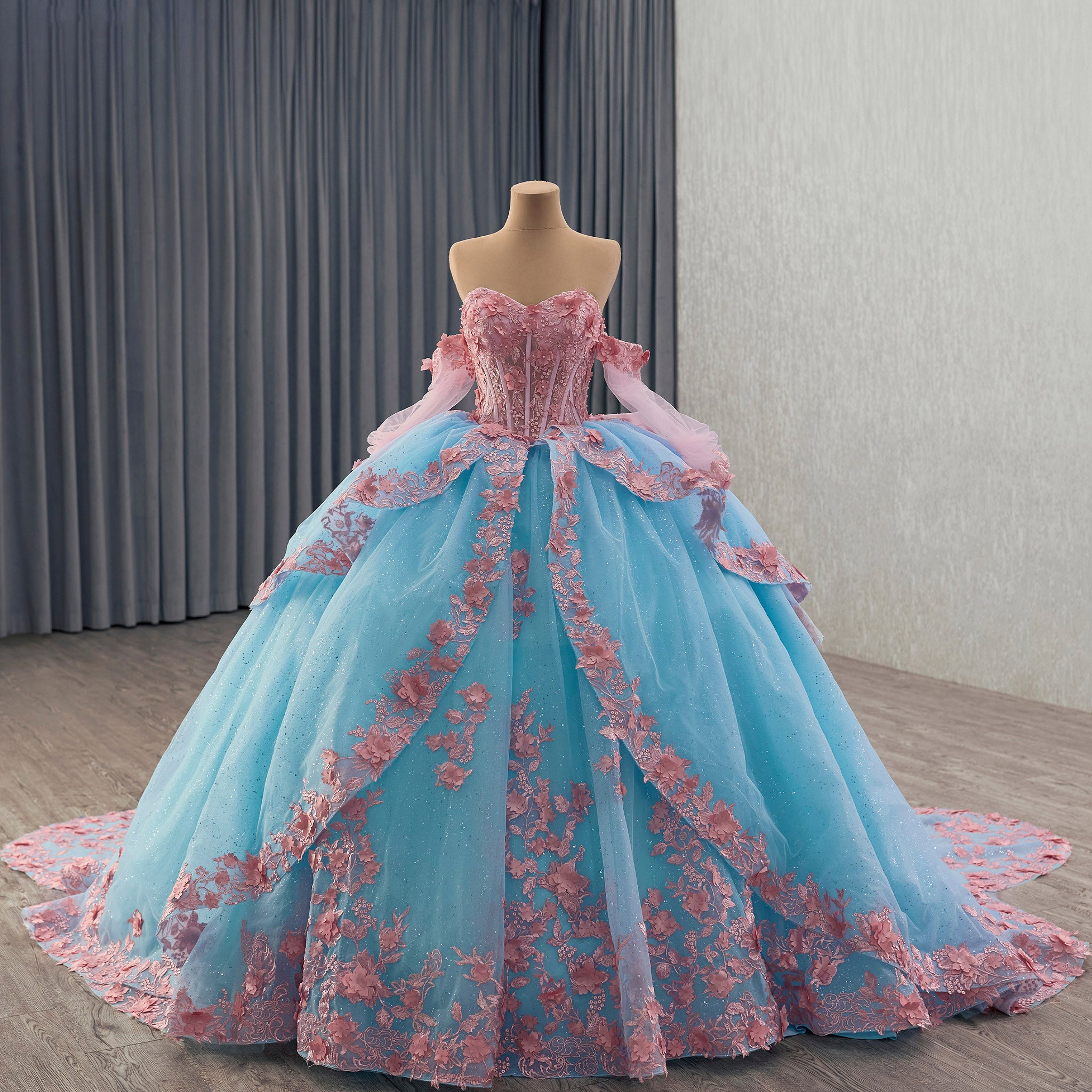 Elegant Teal and Pink Floral Quinceanera Dress Detachable Long Sleeve Teal / 20W Elegant Teal and Pink Floral Quinceanera Dress Detachable Long Sleeve Teal / 20W