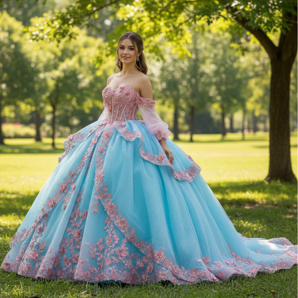 Elegant Teal and Pink Floral Quinceanera Dress Detachable Long Sleeve Teal / 20W Elegant Teal and Pink Floral Quinceanera Dress Detachable Long Sleeve Teal / 20W
