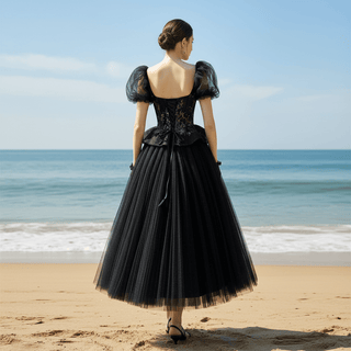 Teal Length Square Neck Black Wedding Dress with Short Sleeve - Rosymae