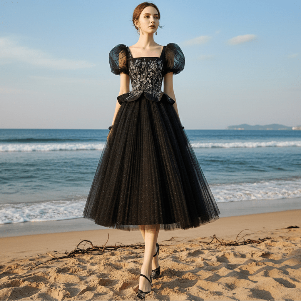Teal Length Square Neck Black Wedding Dress with Short Sleeve - Rosymae