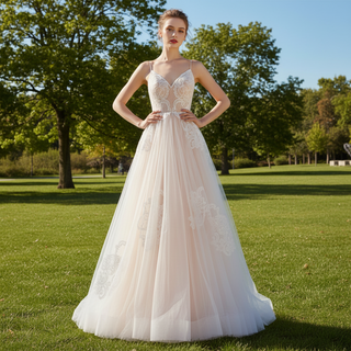 Spaghetti Straps Tulle Wedding Dress with Deep V-neckline