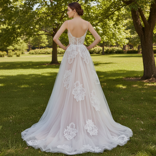 Spaghetti Straps Tulle Wedding Dress with Deep V-neckline