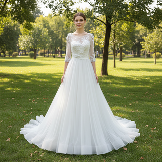 Modest Illusion A Line Wedding Dresses & Gowns with 3/4 Sleeves Rosymae Modest Illusion A Line Wedding Dresses & Gowns with 3/4 Sleeves Rosymae
