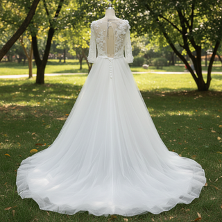 Modest Illusion A Line Wedding Dresses & Gowns with 3/4 Sleeves