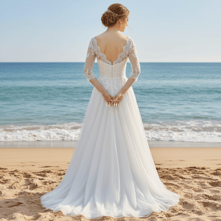 Three Quarter Sleeve A-line Tulle Wedding Dress with Vneck - Rosymae