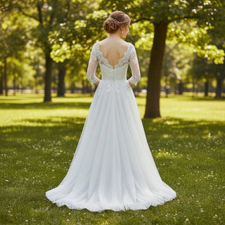 Three Quarter Sleeve A-line Tulle Wedding Dress with Vneck - Rosymae