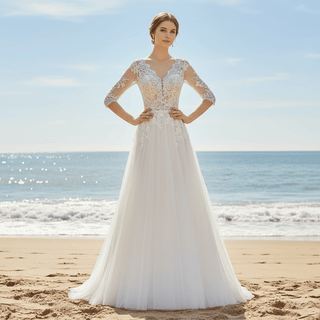 Three Quarter Sleeve A-line Tulle Wedding Dress with Vneck - Rosymae