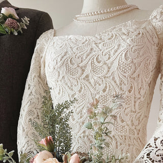 Boat Neck Mid Calf Lace Wedding Dress with Three Quarter Sleeve
