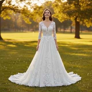 Elegant 3/4 Sleeve Wedding Dresses Three Quarter Sleeve Bridal Gowns