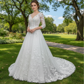 Elegant 3/4 Sleeve Wedding Dresses Three Quarter Sleeve Bridal Gowns