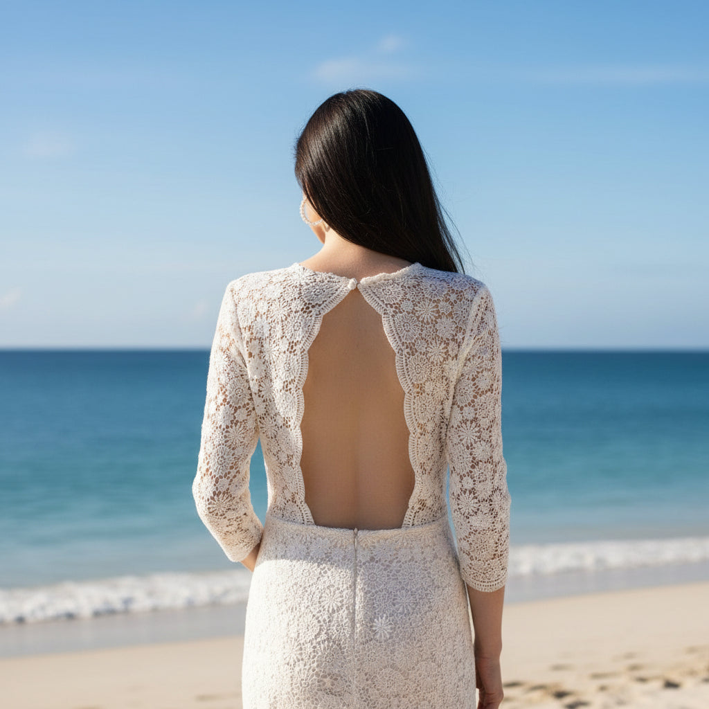 Mid Calf Tea Length Lace Wedding Dress with 3/4 Sleeves Keyhole Back White / 0 Mid Calf Tea Length Lace Wedding Dress with 3/4 Sleeves Keyhole Back White / 0