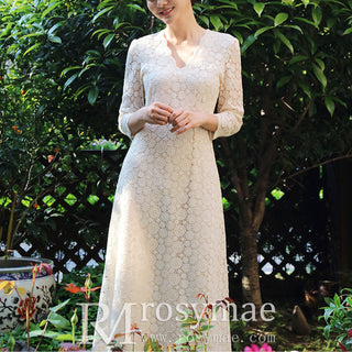 Mid Calf Tea Length Lace Wedding Dress with 3/4 Sleeves Keyhole Back