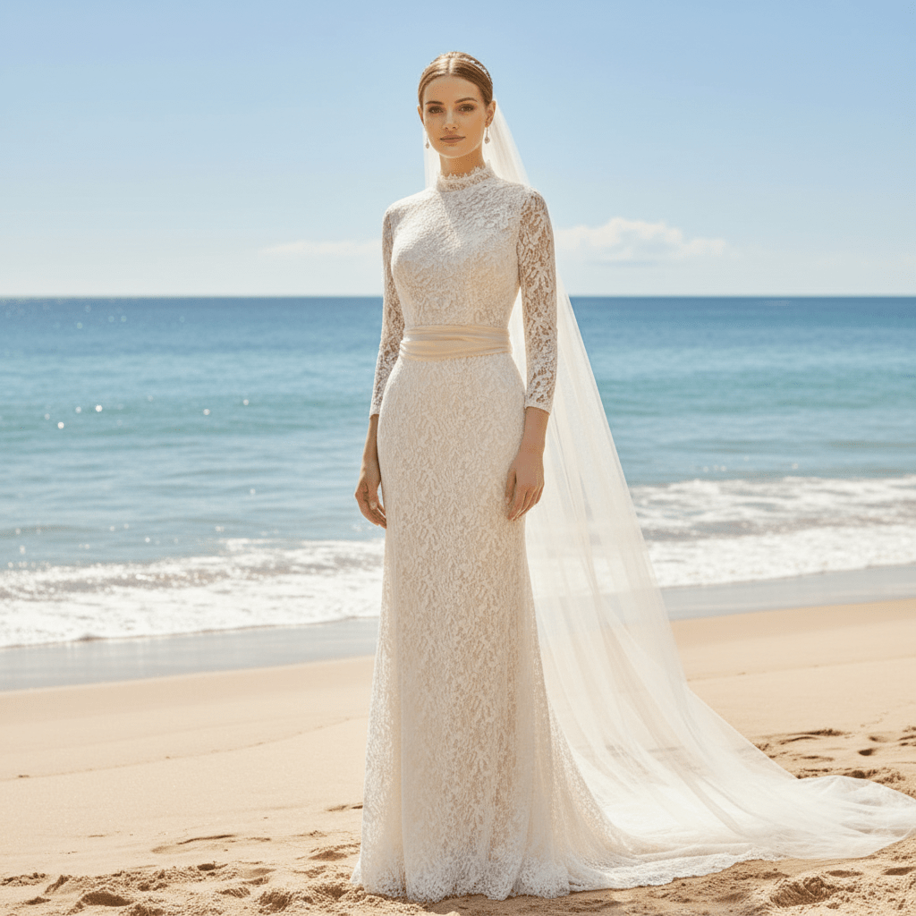 Three Quarter Sleeve Lace Wedding Dress with Turtle Neckline - Rosymae