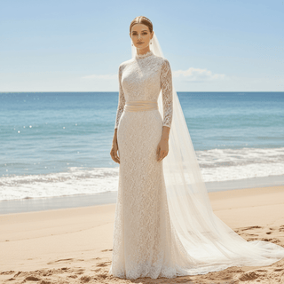 Three Quarter Sleeve Lace Wedding Dress with Turtle Neckline - Rosymae