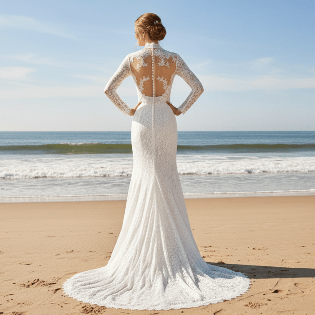Three Quarter Sleeve Lace Wedding Dress with Turtle Neckline - Rosymae