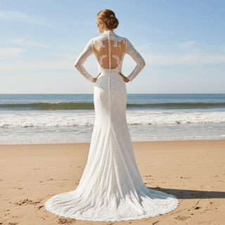 Three Quarter Sleeve Lace Wedding Dress with Turtle Neckline - Rosymae