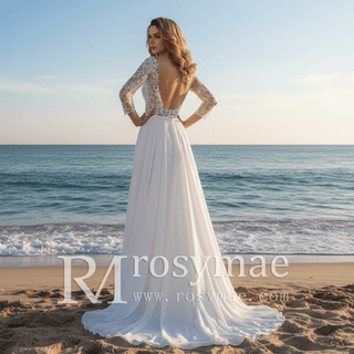Three Quarter Sleeve Sheer Bodice Slit Sheath Wedding Dress Backless - Rosymae